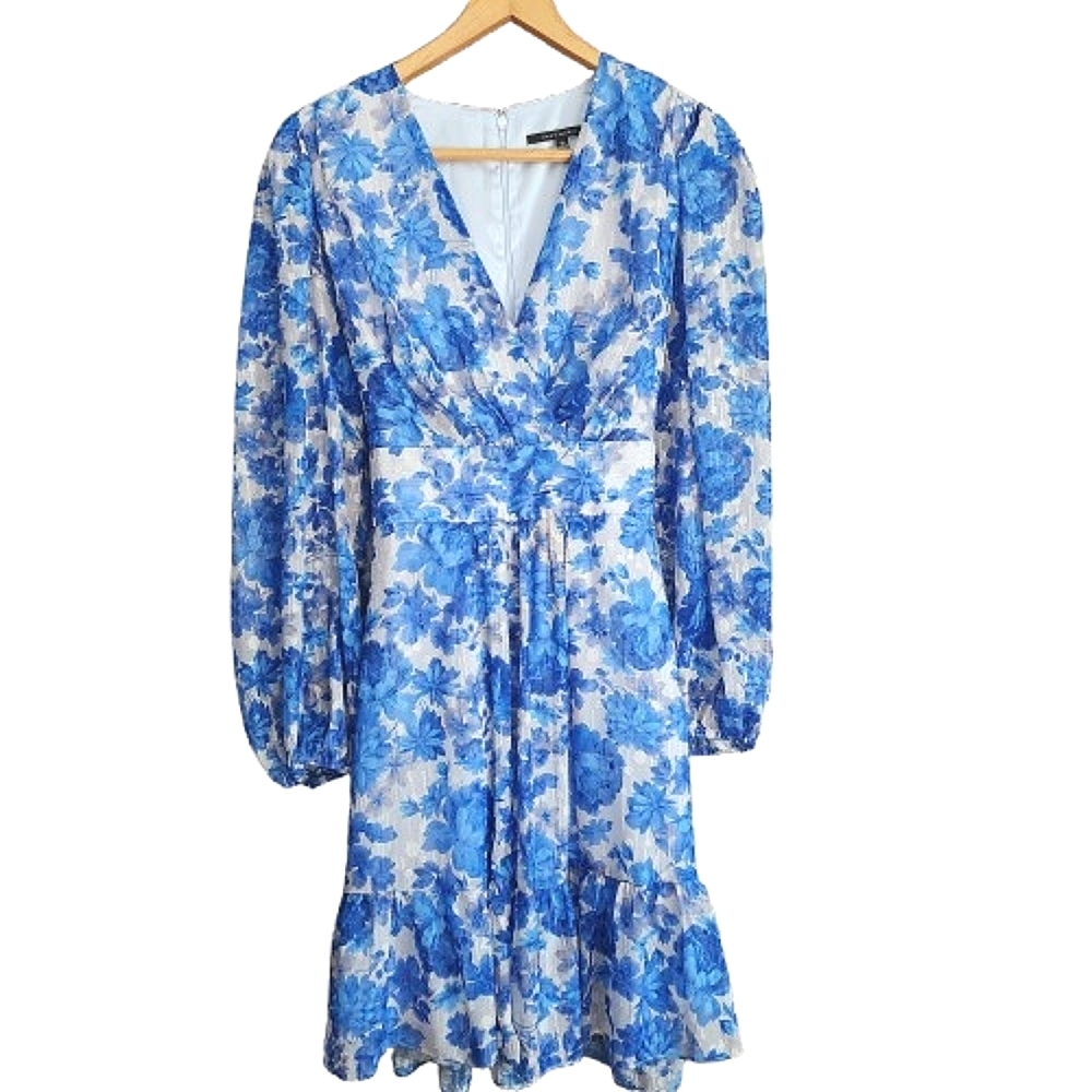Womens 12 Alex Marie Floral Feminine Coquette Blue & White Balloon Sleeve Dress
